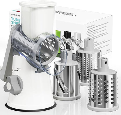 Rotary Cheese Grater Hand Crank, 3 Blades Slicer Shredder, Cheese Grater for Kitchen, Multi-Functional Kitchen Tool for Vegetables, Nuts, Chocolate, with Strong Suction Base, White by Nexsujo