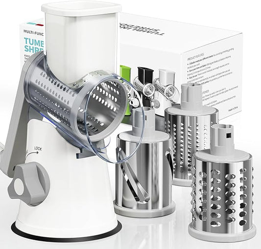 Rotary Cheese Grater Hand Crank, 3 Blades Slicer Shredder, Cheese Grater for Kitchen, Multi-Functional Kitchen Tool for Vegetables, Nuts, Chocolate, with Strong Suction Base, White by Nexsujo