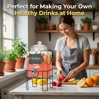 Drink Dispenser, Drink Dispensers for Parties, 1 Gallon Glass Beverage Dispenser with Stand and Glass Lid, 100% Leakproof Spigot, Ideal for Lemonade, Juice, Iced Tea, Laundry Detergent - Image 5