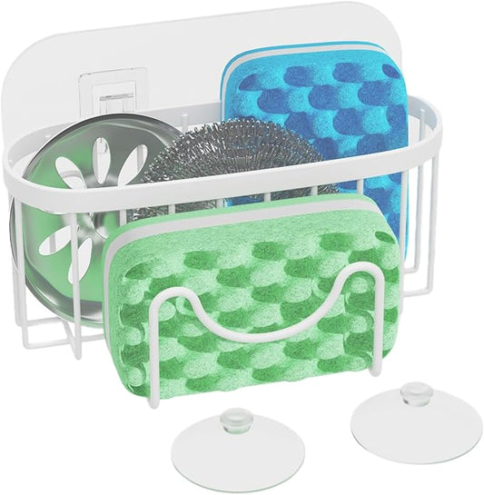 HapiRm Sponge Holder for Kitchen Sink - Sink Caddy with Unique M-Shaped, 2 Installation Methods Kitchen Organizer, Rustproof Stainless Steel Sponge Caddy - White by HapiRm