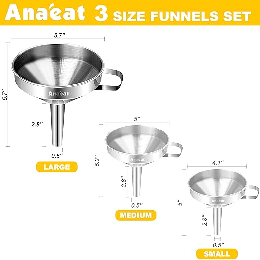 Anaeat Stainless Steel Kitchen Funnel, Multi-Use Premium Metal Food Grade Cooking Funnels with 2 Removable Strainer Filter for Transferring Liquid or Dry ingredients, Oils & 1 Pc Cleaning Brush (5.7") - Image 6