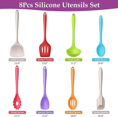 LIANYU 8Pcs Kitchen Cooking Utensils Set, Silicone Utensils Spatula Set, Heat Resistant Cooking Gadgets for Nonstick Cookware, Include Silicone Spoon, Turner, Spatula, Ladle, Multi-Color - Image 2