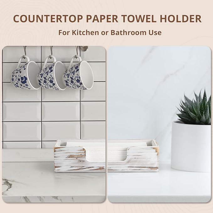 Paper Towel Dispenser Countertop, White Washed Wood Folded Paper Hand Towel Holder for Guest Bathroom, Commercial Tabletop Tissue Dispenser Tray for Multifold C-Fold, Z-Fold, Trifold