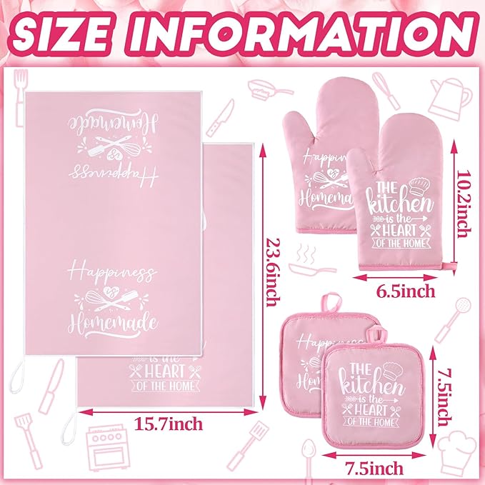 Sratte 6 Pcs Kitchen Decor Accessories Set Farmhouse Towels Pot Holders Oven Mitts Set 2 Dish Towels 2 Potholders 2 Cooking Mittens Oven Glove for Christmas Baking Cooking Supply(Pink,Kitchen) - Image 4