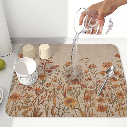 Fall Floral Dish Drying Mat for Kitchen Counter 16 x 18 Inch Autumn Sunflower Dish Drainer Mat Absorbent Microfiber Thanksgiving Dish Rack Pad for Coffee Dining Bar Kitchen Decor