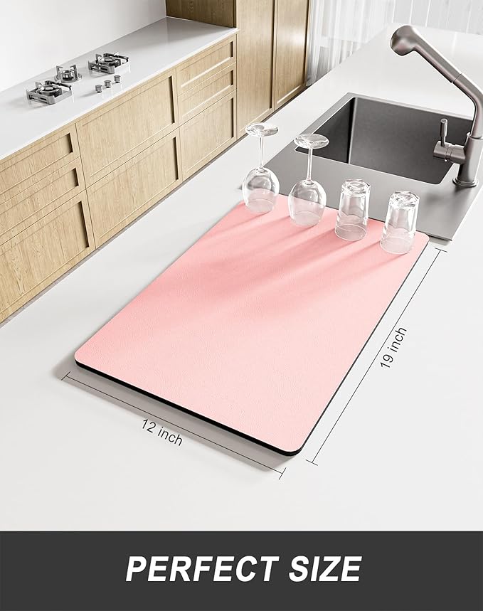 Rnivvi Dish Drying Mat for Kitchen Counter, 12 x 19" Super Absorbent Drainer Pad Easy Clean Dish Rack Pad, Non-Slip Heat Resistant Coffee Bar Mats for Coffee Machine Station Accessories Decor, Pink - Image 2