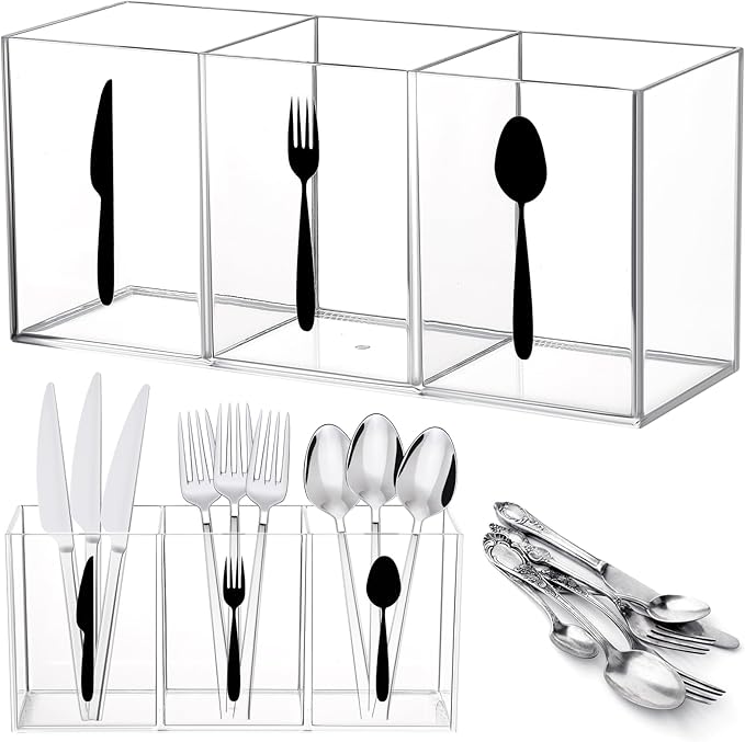 Suzile Acrylic Cutlery Storage Organizer Bin Silverware Caddy Countertop Knife Spoon and Fork Holder Kitchen 3 Section Tableware Storage Box for Cabinet Indoor Home Flatware Dining Room (Clear,L) by Suzile