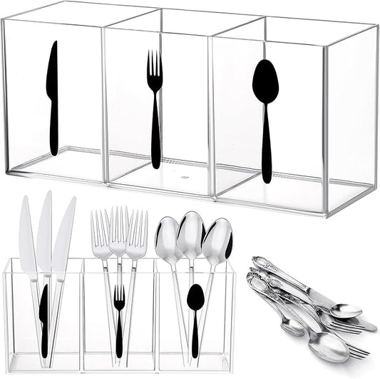 Suzile Acrylic Cutlery Storage Organizer Bin Silverware Caddy Countertop Knife Spoon and Fork Holder Kitchen 3 Section Tableware Storage Box for Cabinet Indoor Home Flatware Dining Room (Clear,L) by Suzile