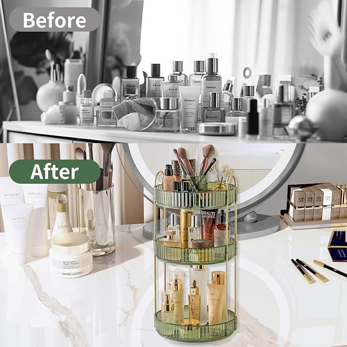 Asayuee 360 Rotating Makeup Organizer,3 Tier Large Capacity Make Up Organizers and Storage,Skincare Perfume Vanity Organizers,Bathroom Cosmetics Storage Organizer Countertop (Green) - Image 4