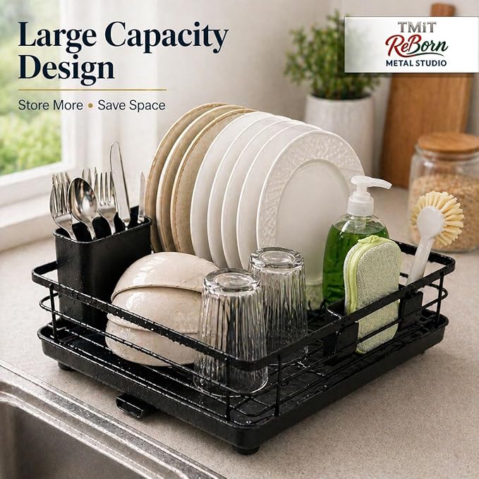 Metal Dish Drying Rack for Kitchen Counter, Black, Sink Organizer with Cutlery Holder, Kitchen Storage and Organization Essentials, 11.8 x 15.7 Inch