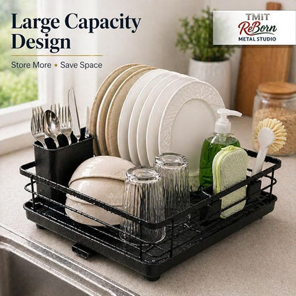 Metal Dish Drying Rack for Kitchen Counter, Black, Sink Organizer with Cutlery Holder, Kitchen Storage and Organization Essentials, 11.8 x 15.7 Inch