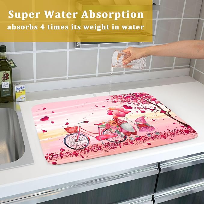 Pink Heart Valentine's Day Gnomes Dish Drying Mat for Kitchen Counter,Pink Bicycle Love Tree Drying Mat 18 x 24 Inch with Absorbent Reversible Microfiber Dish Drying Pad Dish Rack Pad for Coffee Bar - Image 7