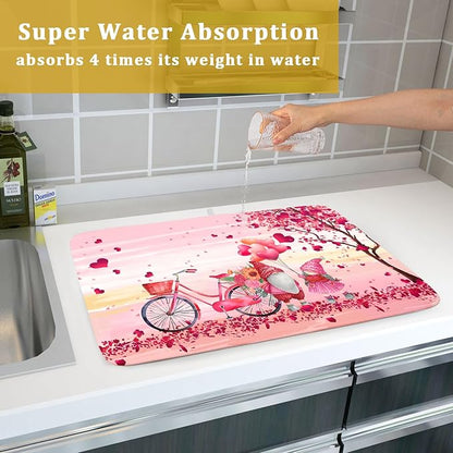 Pink Heart Valentine's Day Gnomes Dish Drying Mat for Kitchen Counter,Pink Bicycle Love Tree Drying Mat 18 x 24 Inch with Absorbent Reversible Microfiber Dish Drying Pad Dish Rack Pad for Coffee Bar - Image 7