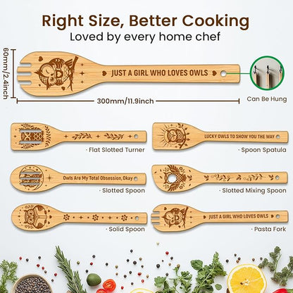 CUTHOLLOW 6PCS Owls Wooden Kitchen Cooking Utensil Set, 11.9in Non Toxic Bamboo Wood Spoon Set for Cooking, Best Housewarming Birthday Thanksgiving Christmas Gift for Women Mother