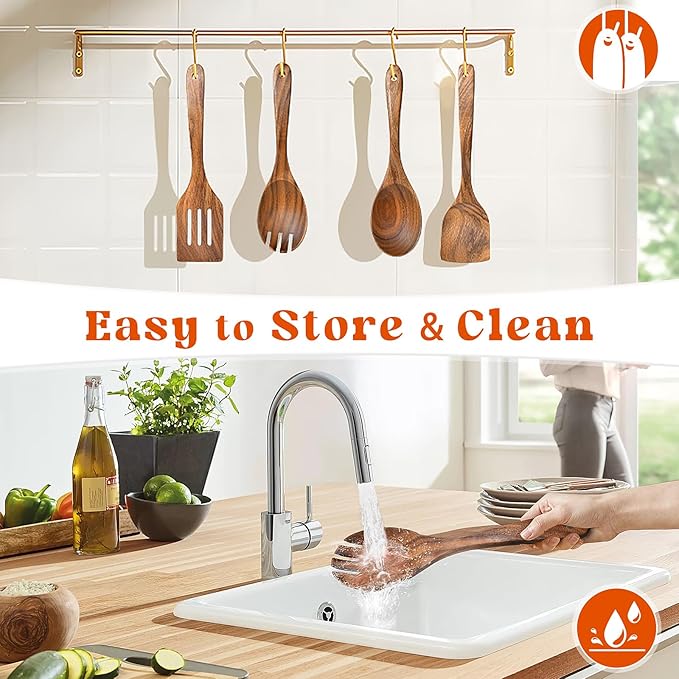 4Pcs Wooden Spoons for Cooking, Acacia Wood Kitchen Utensils Set for Nonstick Pans, Smooth Finish Cooking Utensils with Long Handle, Wooden Spatula for Cooking, Mixing, Baking - Image 5