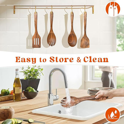 4Pcs Wooden Spoons for Cooking, Acacia Wood Kitchen Utensils Set for Nonstick Pans, Smooth Finish Cooking Utensils with Long Handle, Wooden Spatula for Cooking, Mixing, Baking - Image 5