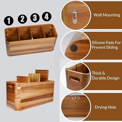 Wooden Kitchen Utensil Holder Organizer for Counter or Countertop, Large Wooden Utensil Holder for Storage Cooking and Silverware with 4 Compartment, Acacia Rustic Wood Container Extra Large - Image 4
