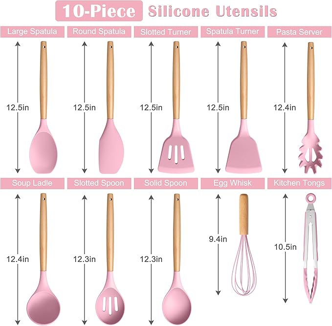 E-far Silicone Cooking Utensils Set, 10-Piece Kitchen Utensils Set with Wooden Handle for Cooking, Non-toxic Silicone Kitchen Nonstick Tools Spatula Whisk Tongs Ladle, Heat Resistant & Health, Pink - Image 2