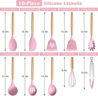 E-far Silicone Cooking Utensils Set, 10-Piece Kitchen Utensils Set with Wooden Handle for Cooking, Non-toxic Silicone Kitchen Nonstick Tools Spatula Whisk Tongs Ladle, Heat Resistant & Health, Pink - Image 2