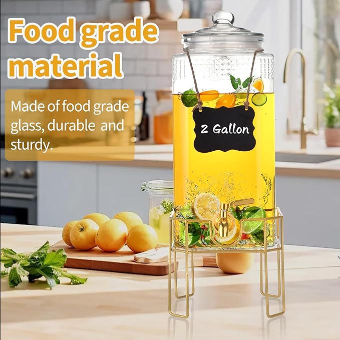 Drink Dispenser,2 Gallon Drink Dispensers for Parties,Beverage Dispenser with Stand,Glass Lid and Stainless Steel Spigot Leak-proof, Ideal for Lemonade,Juice, Tea, and Party Drinks - Image 5