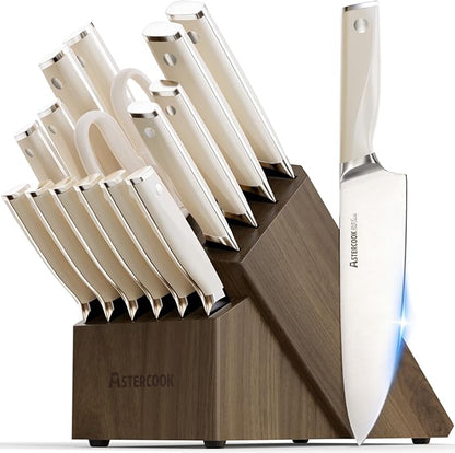 Astercook Knife Set Kitchen with Block and Sharpener Premium Full Tang 17 Pcs German Stainless Steel Knives Dishwasher Safe Kitchen Utensils Set with with and Anti-slip Ergonomic Handle, Cream White by Astercook