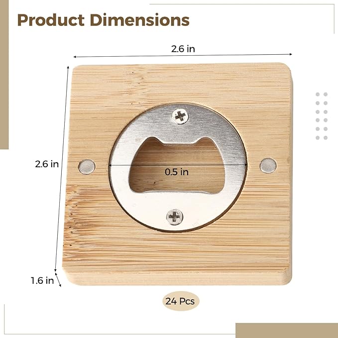 24Pcs Bamboo Bottle Opener,2.6 x 0.5" Wooden Bottle Openers Blanks Bulk,Square Custom Bottle Openers with Blank DIY, Adsorbent Refrigerator Sticker Presents for Parties, Weddings, Bars