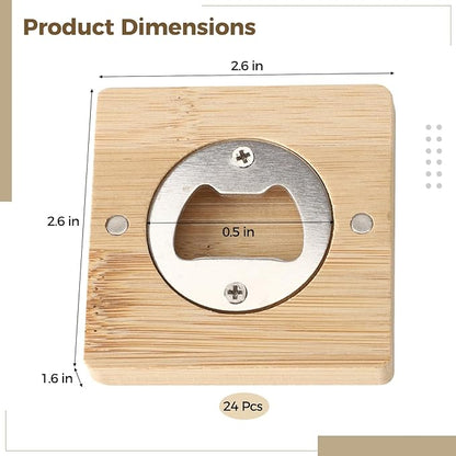 24Pcs Bamboo Bottle Opener,2.6 x 0.5" Wooden Bottle Openers Blanks Bulk,Square Custom Bottle Openers with Blank DIY, Adsorbent Refrigerator Sticker Presents for Parties, Weddings, Bars