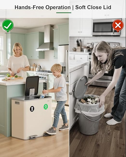 Lovewind 2×11.5 Gallon Dual Trash Can, Stainless Steel Dual Garbage and Recycling Can with Foot Pedal, 90° Stay-Open Lid, Large Dual Compartment Trash Recycling Bins Kitchen, Apricot