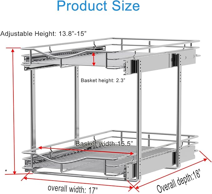 DINDON 2 Tier Pull Out Cabinet Organizer (17" W x 18" D) Heavy-Duty Metal Sliding Drawer Shelf, Two Tier Pull Out Shelves for Kitchen Cabinets, Pantry, Bathroom, Chrome Finish - Image 3