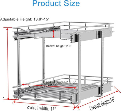 DINDON 2 Tier Pull Out Cabinet Organizer (17" W x 18" D) Heavy-Duty Metal Sliding Drawer Shelf, Two Tier Pull Out Shelves for Kitchen Cabinets, Pantry, Bathroom, Chrome Finish - Image 3
