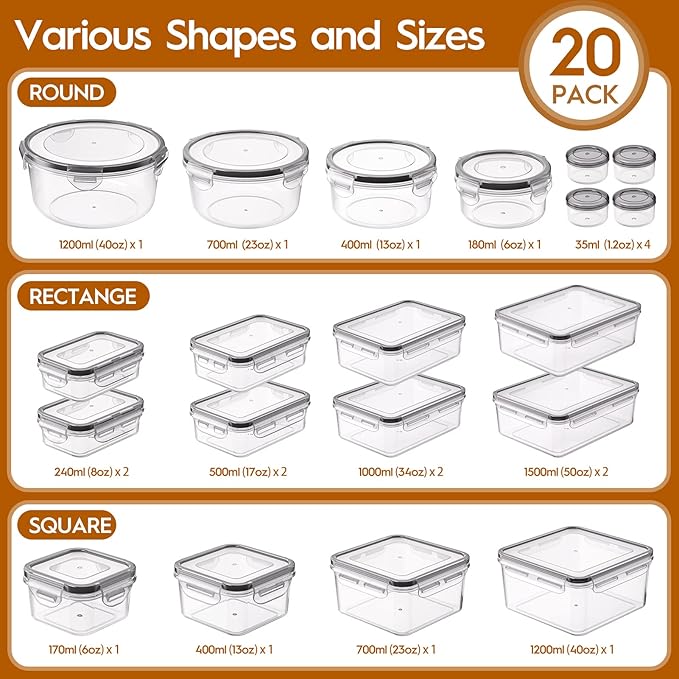 40 PCS Food Storage Containers with Lids Airtight (20 Containers & 20 Lids), Leak proof Meal Prep Container Set for Kitchen Storage, BPA-free, PVC-free Plastic, Microwave/Dishwasher Safe, Labels & Pen - Image 2