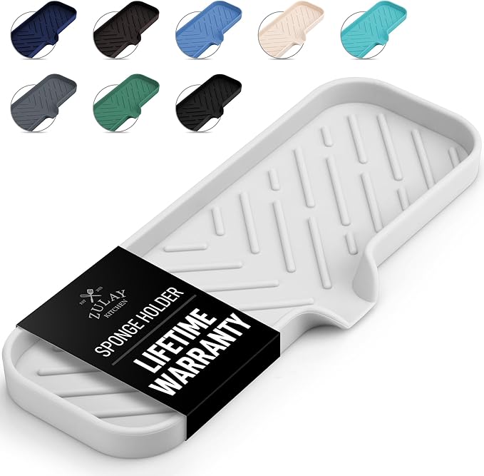 Zulay Kitchen Large Silicone Sponge Holder (12x4) – Flexible Sink Organizer Tray for Kitchen & Bathroom – Multipurpose Soap Dish for Sponges, Makeup, Trinkets & More (White) by ZulayKitchen