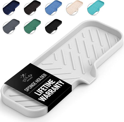 Zulay Kitchen Large Silicone Sponge Holder (12x4) – Flexible Sink Organizer Tray for Kitchen & Bathroom – Multipurpose Soap Dish for Sponges, Makeup, Trinkets & More (White) by ZulayKitchen