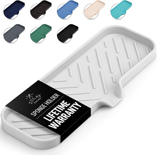 Zulay Kitchen Large Silicone Sponge Holder (12x4) – Flexible Sink Organizer Tray for Kitchen & Bathroom – Multipurpose Soap Dish for Sponges, Makeup, Trinkets & More (White) by ZulayKitchen