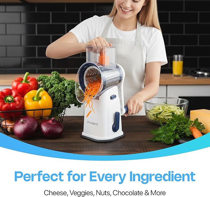 Vivaant Rotary Cheese Grater with Handle, Cheese Shredder Hand Crank with Suction Base & 5 Interchangeable Blades, Multi-Functional Food Chopper for Vegetables, Nuts & Chocolate - Easy to Use & Clean - Image 6