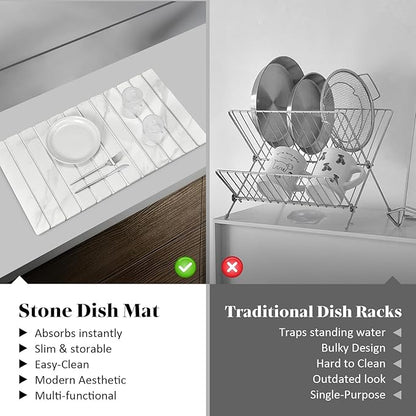 2 PCS Extra Large Stone Dish Drying Mats for Kitchen Counter, 28"(L)×16"(W) Marble-Pattern Dish Drying Mat with 8"x 4" Coasters, Eco-Friendly Diatomite Dish Drying Mat - Fits All Countertops - Image 6