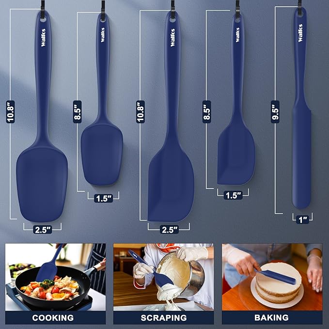 Walfos Silicone Spatula Set (5pcs) - 600℉ High Heat Resistant Kitchen Spoon Navy Blue Spatulas for Cooking Mixing & Baking, Strong Steel Core and One-Pieces Seamless Design, BPA Free Dishwasher Safe - Image 4