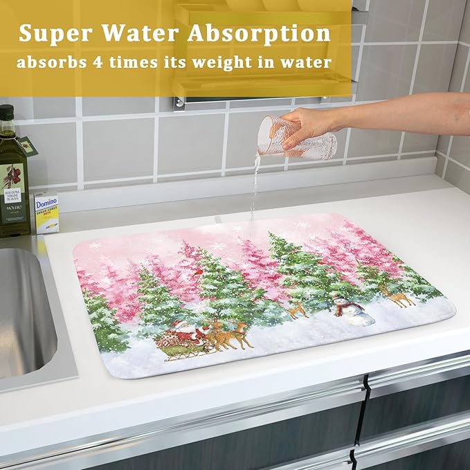 Winter Dish Drying Mats for Kitchen Counter Watercolor Forest Decoration Coffee Mat for Holiday Decor - Image 7