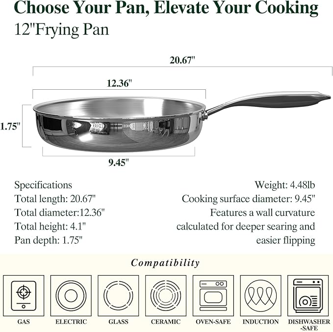 Umite Chef 12 inch 5 Ply Stainless Steel Frying Pan Non-Toxic PFOA&PTFE Free Skillets, Professional Cookware- Oven Safe & Induction Compatible, Fast & Even Heat, Heavy Duty, Cool Grip Handles - Image 2