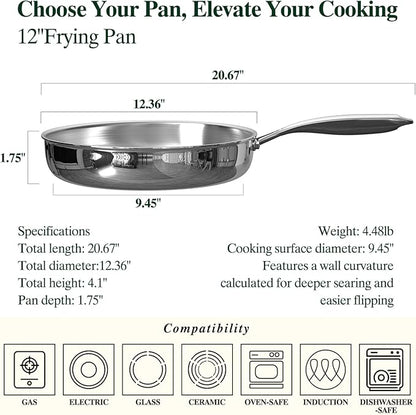 Umite Chef 12 inch 5 Ply Stainless Steel Frying Pan Non-Toxic PFOA&PTFE Free Skillets, Professional Cookware- Oven Safe & Induction Compatible, Fast & Even Heat, Heavy Duty, Cool Grip Handles - Image 2