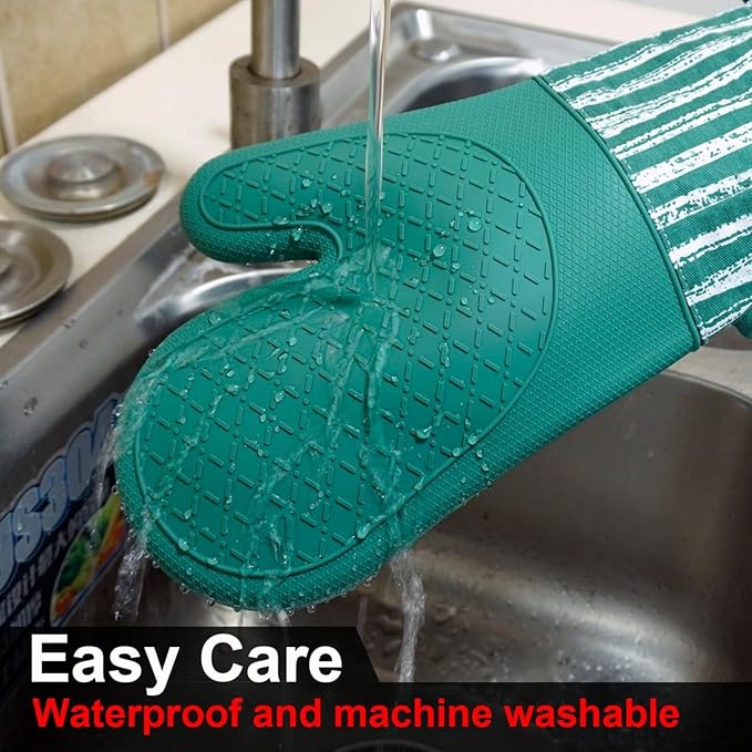 Alselo Silicone Oven Mitts Heat Resistant 932℉ with Waterproof & Non-Slip Kitchen Mittens, Set of 2 Extra Long Oven Gloves with Soft Cotton Terry Lining for Baking Cooking Barbecue (Emerald Green, 2) - Image 7
