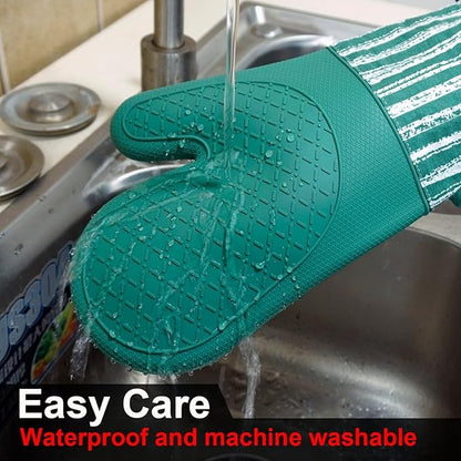Alselo Silicone Oven Mitts Heat Resistant 932℉ with Waterproof & Non-Slip Kitchen Mittens, Set of 2 Extra Long Oven Gloves with Soft Cotton Terry Lining for Baking Cooking Barbecue (Emerald Green, 2) - Image 7