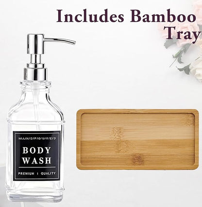 Glass Soap Dispenser with Pump,Tray,Funnel, Countertop Soap and Lotion Dispenser Set of 2 with 60 Stickers, Dish and Hand Soap Dispenser Bottle for Kitchen,Bathroom,Shower, 500ml/16.9oz