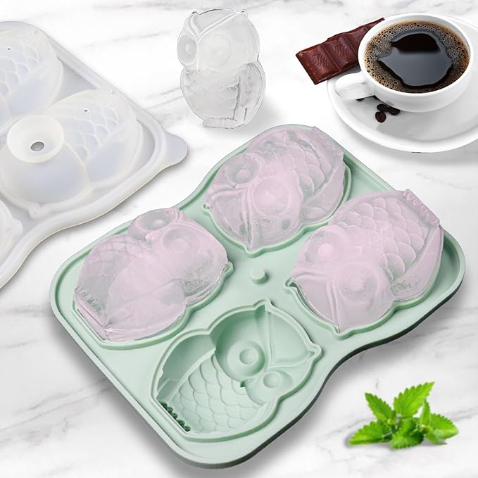 Cute Owl Ice Cube Mold, Owl Shapes Ice Cube Tray, Silicone Ice Mold Fun Shapes, Make 4 Large Owl Ice Balls for Whiskey Cocktails Drinks, Green