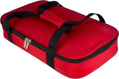 HW1236 Glass Casserole with Insulated Bag, Ideal for Picnic, Potluck, Hiking & Beach Trip-Retains Hot and Cold Temperature of Food, Overall12 "x 7.5"x2 "- Red