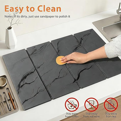 Large Stone Dish Drying Mat for Kitchen Counter, 2 PCS Quick Dry Diatomaceous Earth Dish Mat Set – Foldable Water Absorbing Kitchen Accessories for Countertop(Dark Gray 24"x16"&8"x4") - Image 6