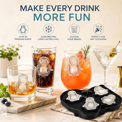 Penguin Ice Cube Tray Mold - 3D Penguin Shape Ice Cube Trays, Cute Ice Cube Molds for Whiskey Bourbon, 4-Hole Large Fun Shapes Ice Cube Trays, Funny Penguin Gifts for Penguin Lovers Women Men