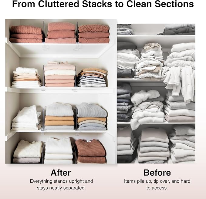SortNStore Shelf Dividers Purse Organizer for Closet: 11-inch Tall(Extra Tall) Acrylic Sweater Organizer - Upgraded Extra Height for Large Handbags, Totes, Clothes, Towels on Wood Shelves 10-Pack