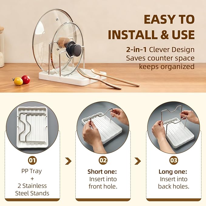 2 in 1 Pot Lid Holder & Spoon Rest for Kitchen Counter, Plastic Utensil Rest with Stainless Steel Pan Lid Holder Organizer While Cooking, Countertop Space Saving Pot Cover Rack | Easy to Clean - Image 7