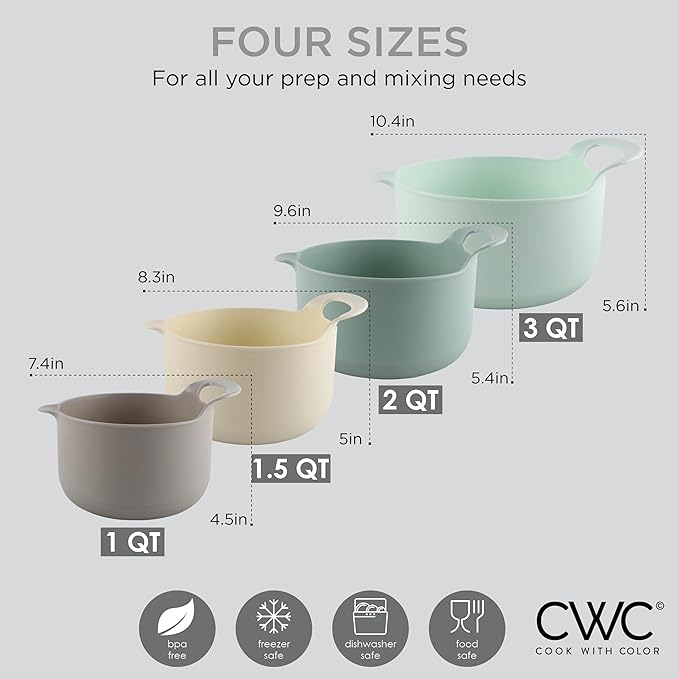 COOK WITH COLOR Nesting Plastic Mixing Bowl Set with Pour Spouts and Handles, Ombre Mint, 4 Piece Non-Slip - Image 4